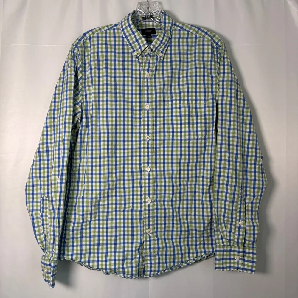 J. Crew Men's Long Sleeve Casual Cotton Button Shirt Green & Blue Plaid Slim M